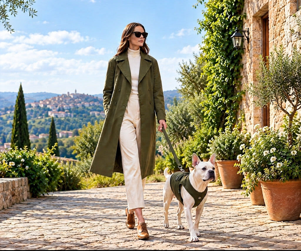 A woman walks a white French Bulldog on a cobblestone path outdoors. The woman wears an olive green trench coat over cream pants, and the dog wears a matching olive green harness.