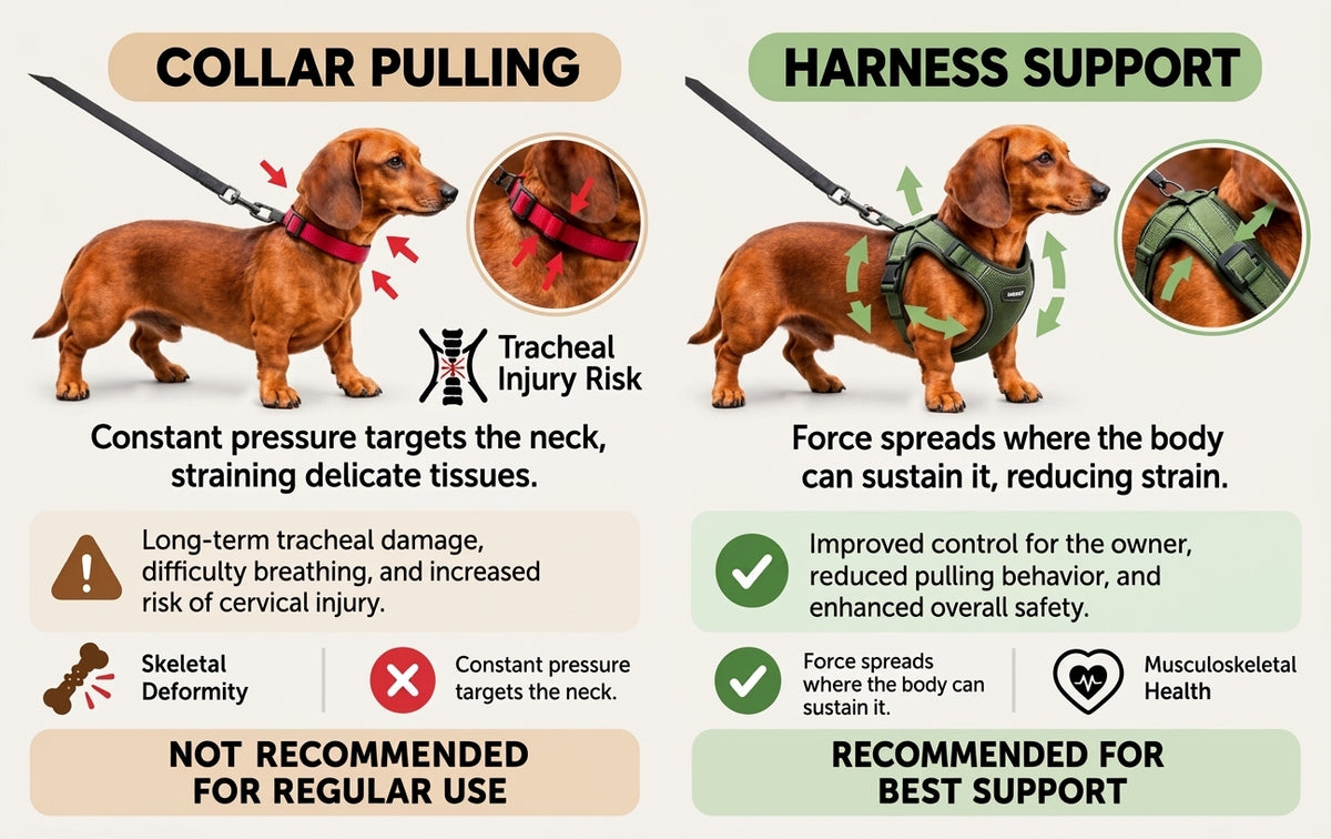 An infographic comparing dog collar pulling versus harness support, featuring illustrations of a dachshund wearing a red collar with a leash and a green harness. The graphic includes explanatory text, icons, and checkmarks on a light beige background.