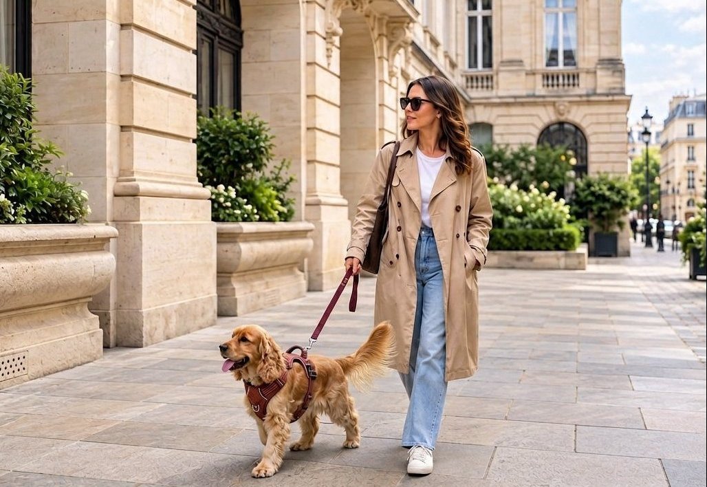 A woman walks a golden retriever on a city sidewalk wearing a beige trench coat, light blue jeans, and white sneakers. The dog is wearing a red harness.
