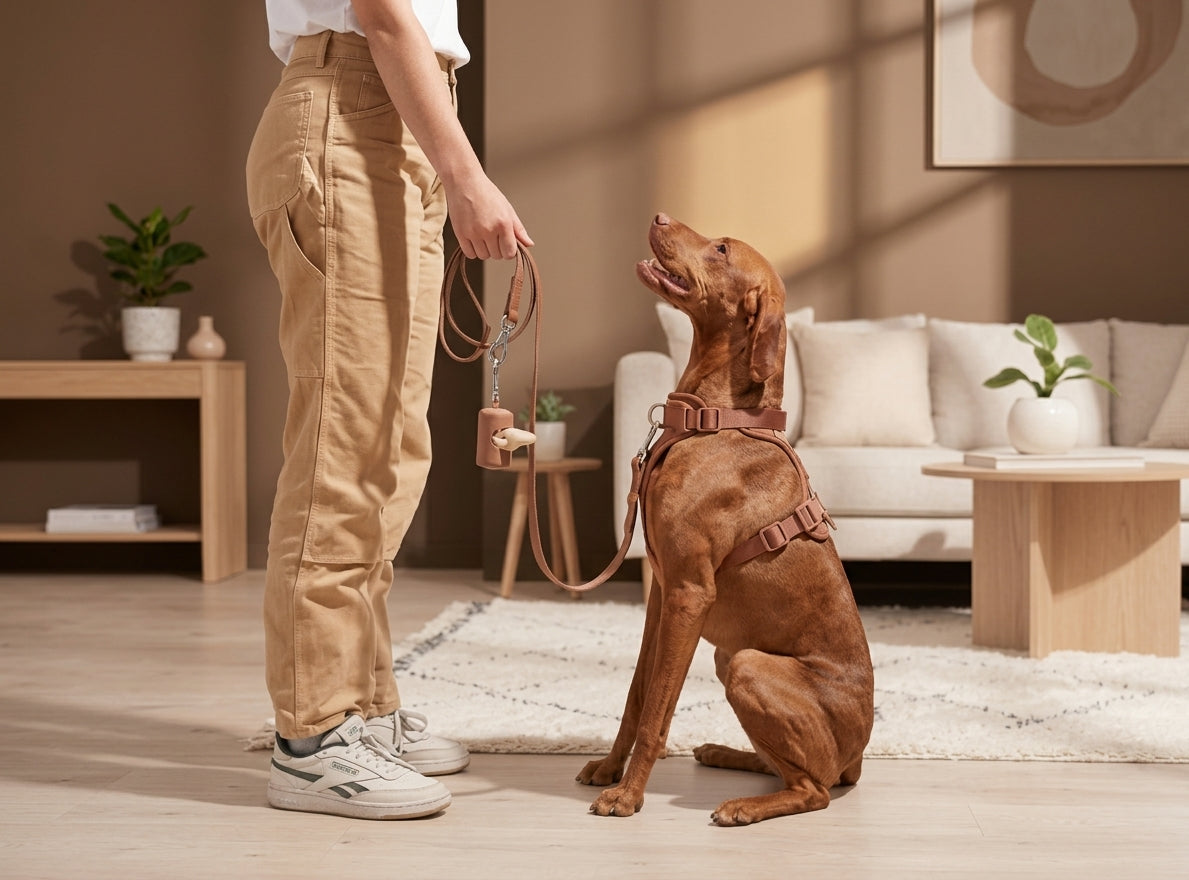 A brown dog wearing a pink harness sits attentively while a person in beige pants holds its leash in a modern, sunlit living room.
