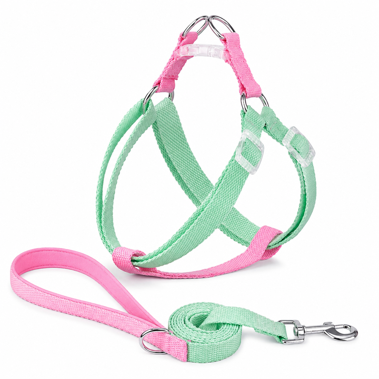 adjustable no-pull dog harness and leash set in mint green and pink for small, medium, and large dogs.
