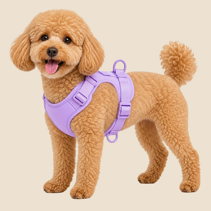 a small tan poodle wearing a bright lavender-purple harness, photographed against a clean white background.
