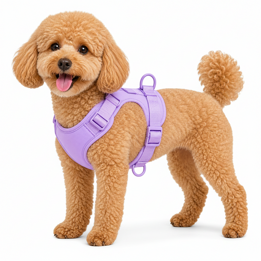 a small tan poodle wearing a bright lavender-purple harness, photographed against a clean white background.