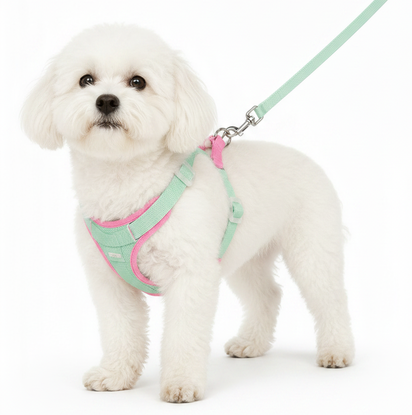 small white dog wearing a mint green and pink adjustable no-pull dog harness with matching leash for comfortable daily walks.