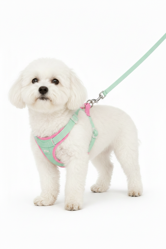 small white dog wearing a mint green and pink adjustable no-pull dog harness with matching leash for comfortable daily walks.