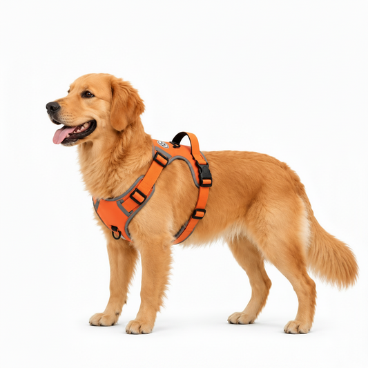 a golden retriever dog wearing an orange and gray harness, standing in profile against a solid white background.