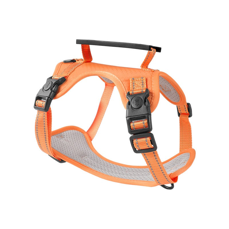 orange dog harness with gray padding on a white background