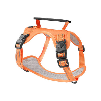 orange dog harness with gray padding on a white background