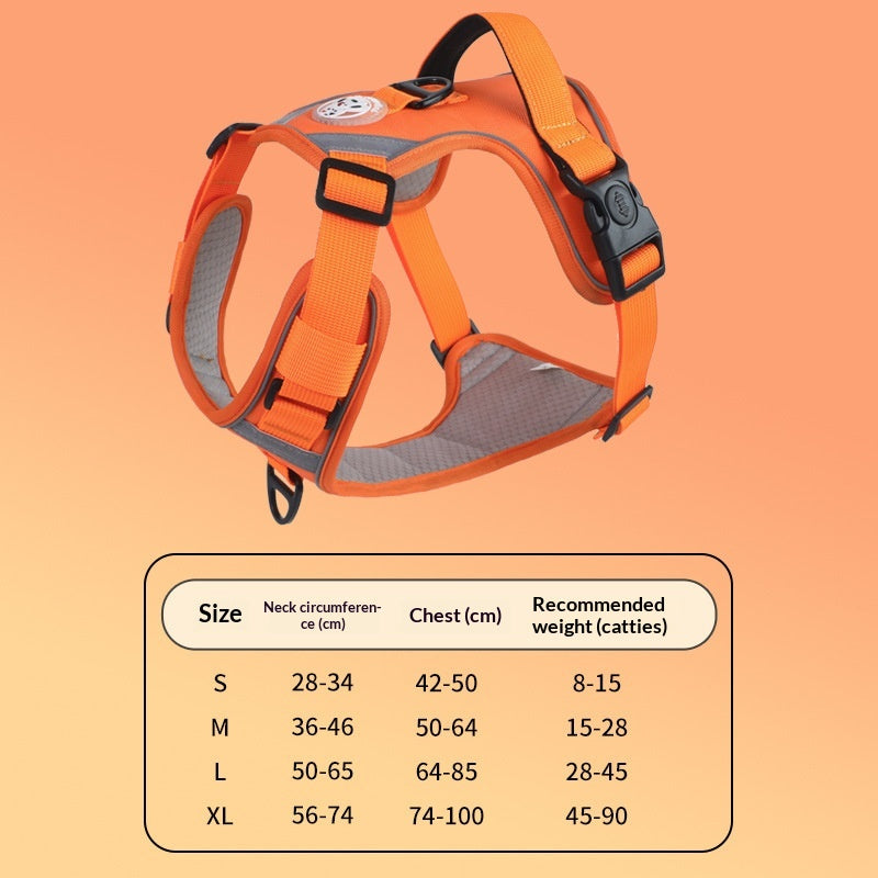orange dog harness with size chart on an orange background