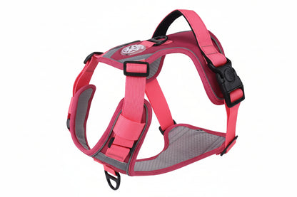 a pink and gray dog harness with black plastic buckles, shown floating against a solid whit background.