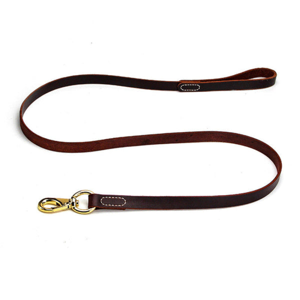 premium genuine leather dog leash in brown with durable metal clasp for small, medium, and large dogs.