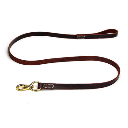 premium genuine leather dog leash in brown with durable metal clasp for small, medium, and large dogs.