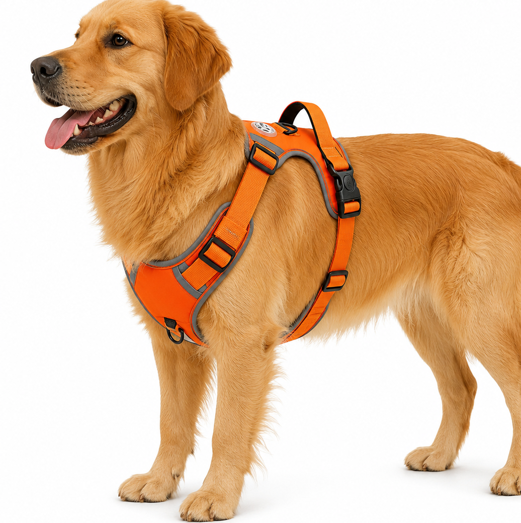 golden Retriever wearing an adjustable reflective orange no-pull dog harness for comfortable and secure walks.