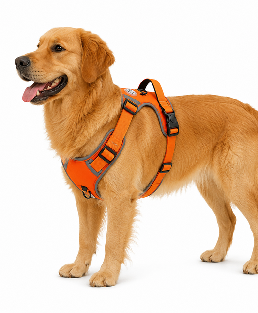 golden Retriever wearing an adjustable reflective orange no-pull dog harness for comfortable and secure walks.