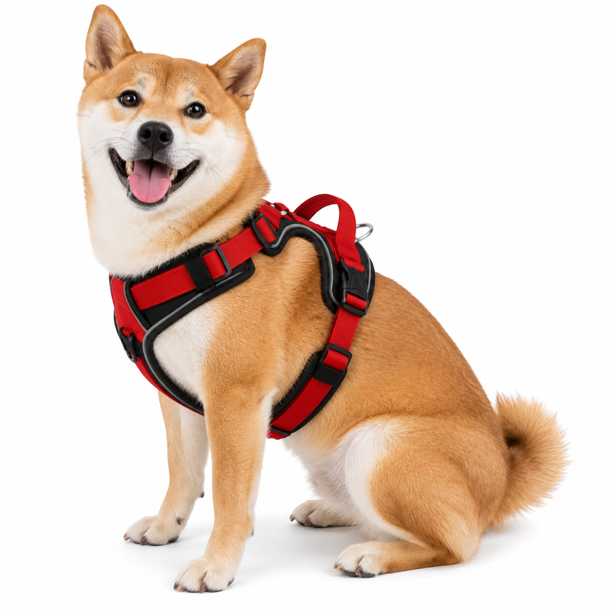 shiba Inu wearing a red and black padded no-pull dog harness while sitting on a white background, designed for safe, comfortable, and secure daily walks.