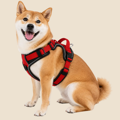 shiba Inu wearing a red and black padded no-pull dog harness while sitting on a white background, designed for safe, comfortable, and secure daily walks.