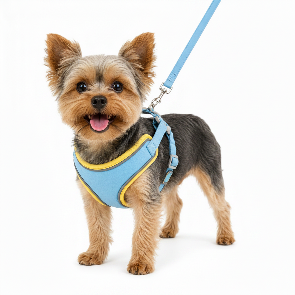 small dog wearing a light blue and yellow no-pull dog harness with matching leash on a white background for comfortable and secure daily walks.