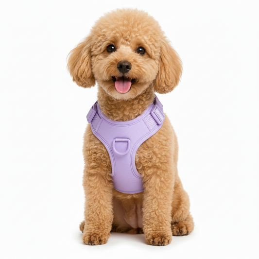 small apricot poodle wearing a lavender padded no-pull dog harness on a white background for safe, comfortable, and secure daily walks.