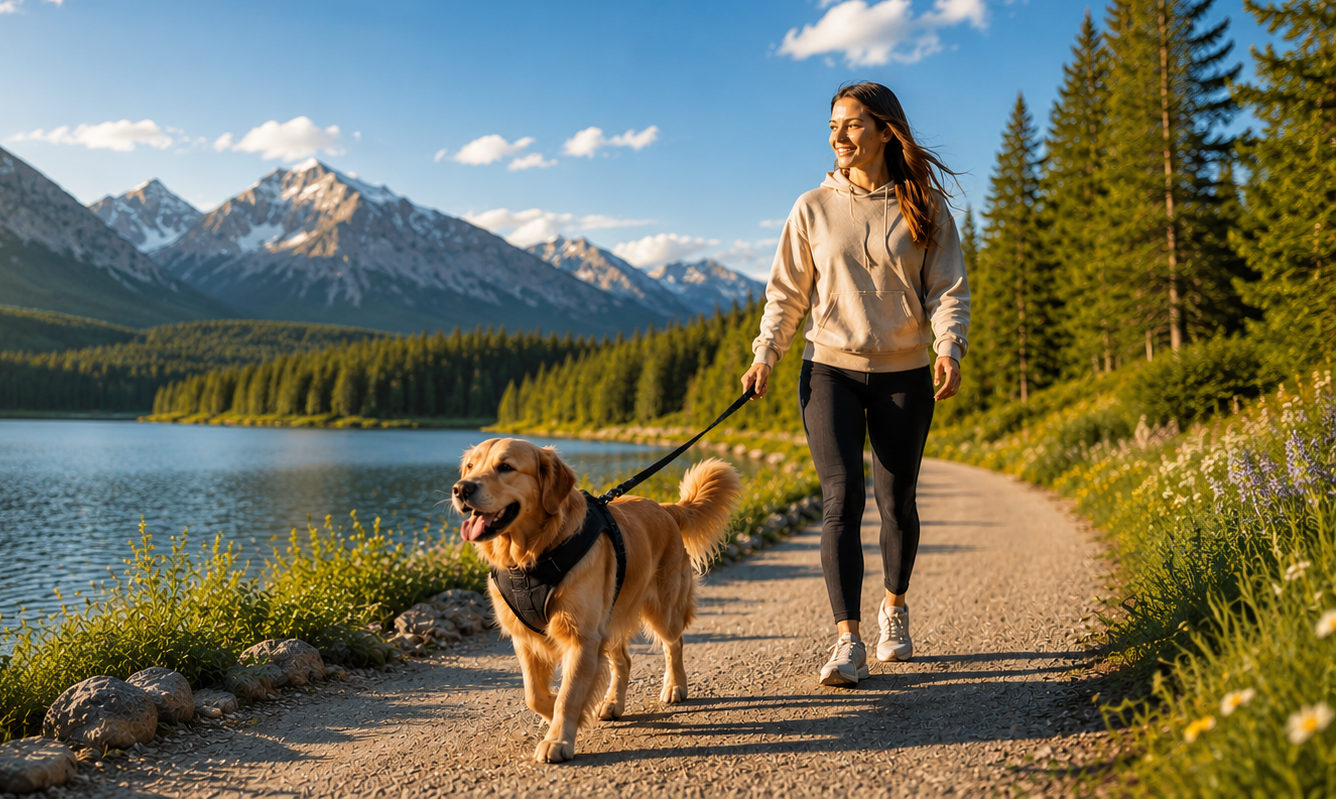 A woman walks a golden retriever on a path beside a lake with mountains in the background. The woman wears a light beige hoodie, black leggings, and white sneakers, and the dog is on a black harness leash.