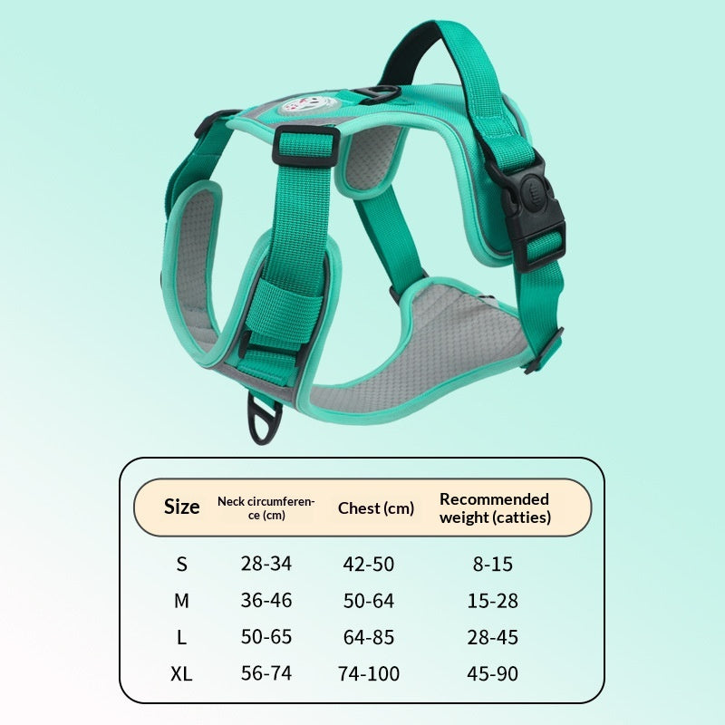 teal dog harness with size chart on a light blue background